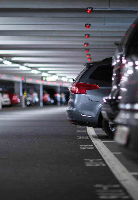 Parking garage with red guidance lights